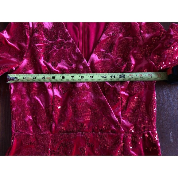 VENUS Vixen Ruby Red Velvet Sequin Mini Dress Faux Wrap Front Slit Lined Size 6 - Picture 10 of 12